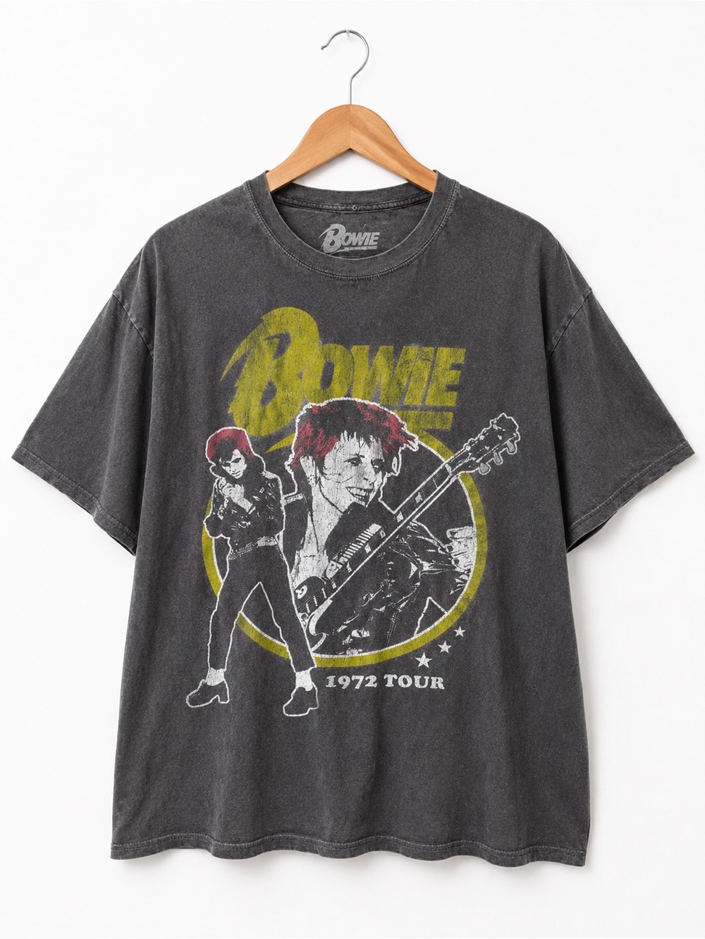 David Bowie 1972 Tour Distressed Graphic Band Tee Vintage Wash Charcoal Unisex